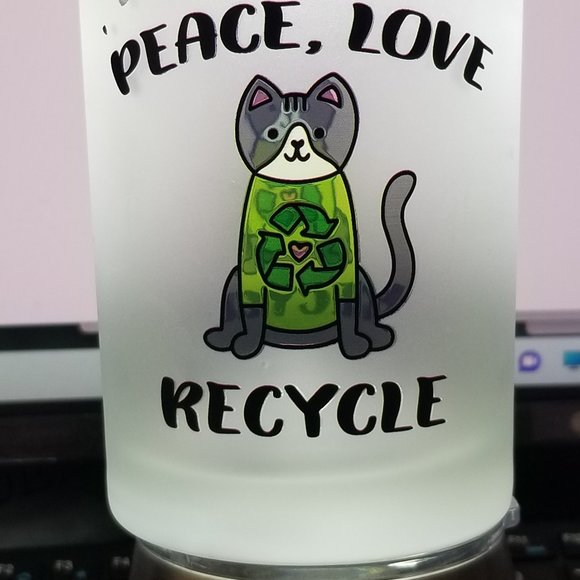 Frosted Old Fashion Glass PEACE, LOVE, RECYCLE ♻ Cat Barware Tumbler by Culver. - Picture 4 of 5